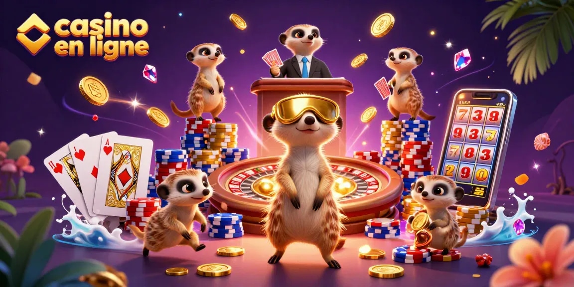Les suricates gèrent un casino en ligne animé avec des jetons, des cartes et des pièces volantes.