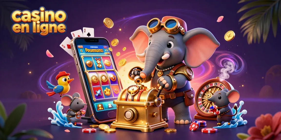 Des personnages animés illustrant le thème du casino en ligne avec des éléments de jeu colorés.