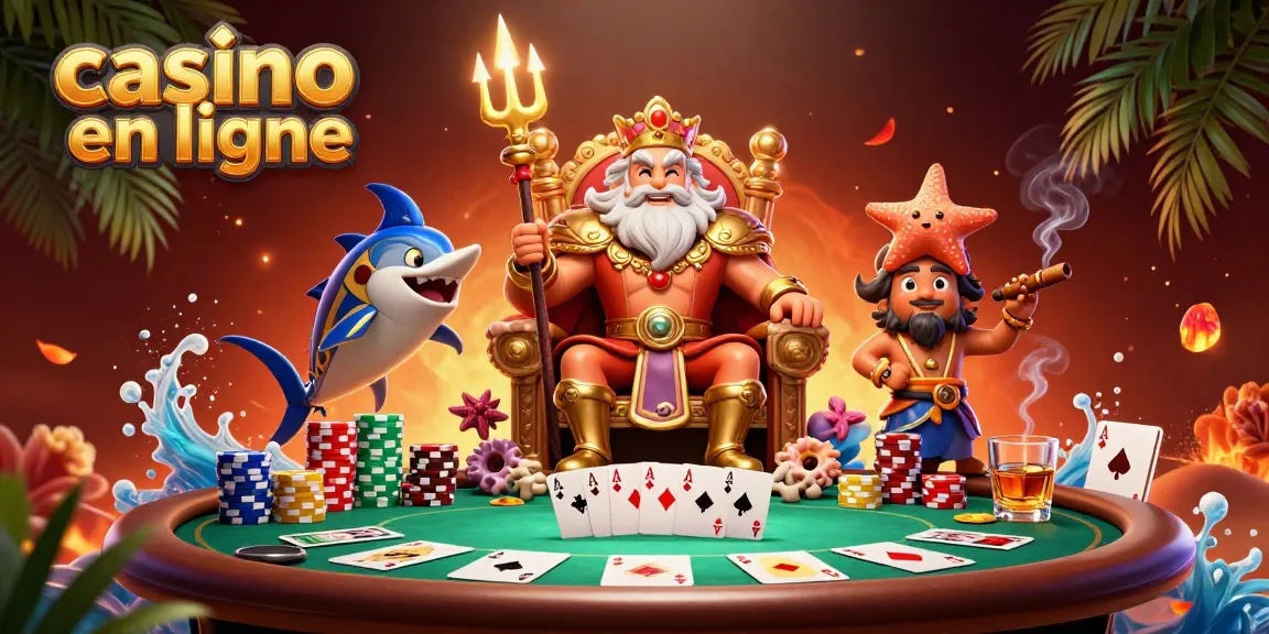 Jouer dans un casino en ligne captivant avec Neptune et des éléments de poker colorés.
