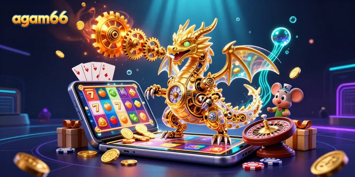 Experience the thrilling action of agam66 with a golden dragon and vibrant slot games in a dynamic scene.
