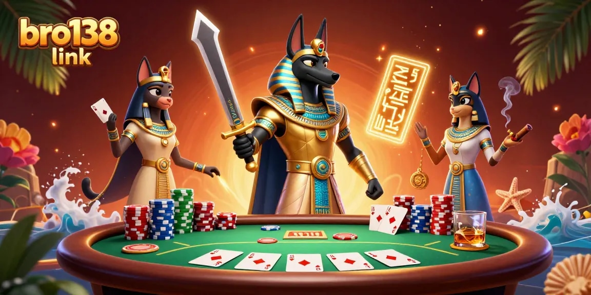 Engage with the bro138 link in a dynamic poker scene featuring Anubis and Bastet amidst vibrant casino elements.