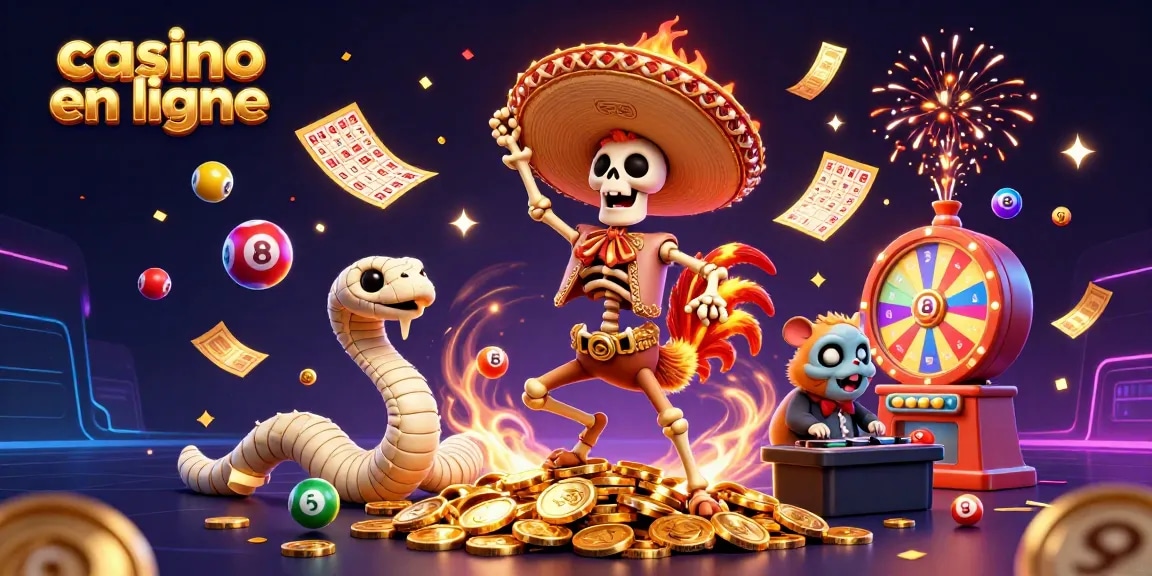 Illustration festive de casino en ligne avec un personnage central dansant autour de jetons d'or et d'éléments de loterie.