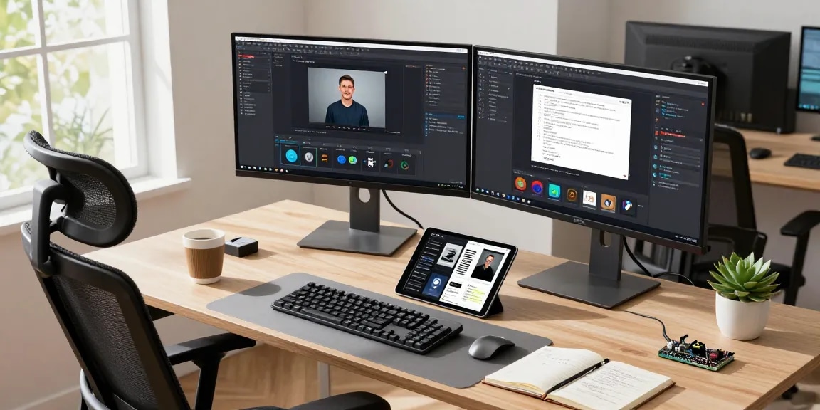 Developer using 截图软件 in a modern office workflow with dual monitors, showcasing screen capture functions.