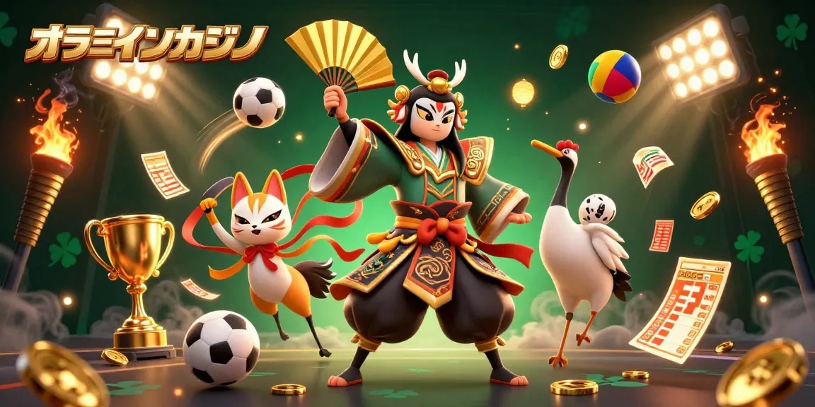 オンラインカジノでの勝利を強調する、3Dカートゥーンカブキ戦士のイラスト。