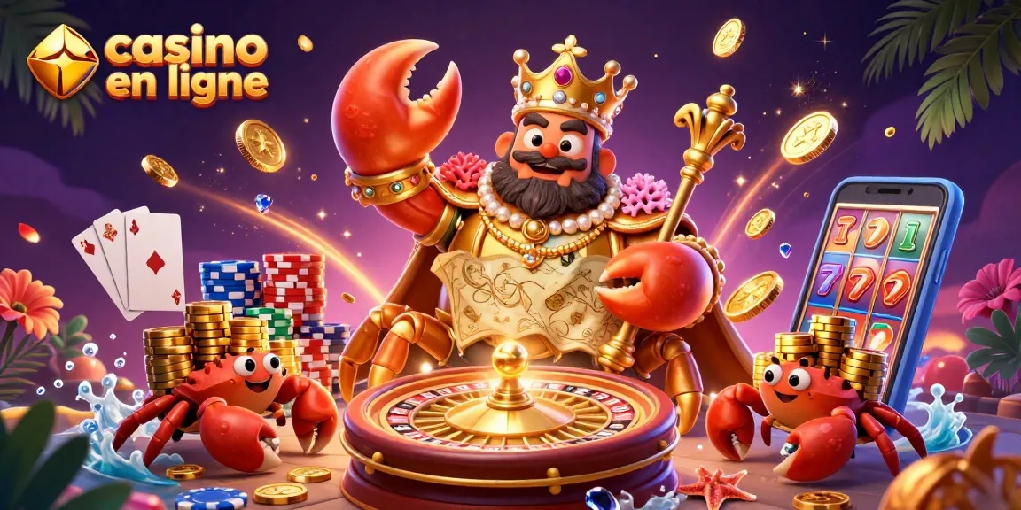 Illustration 3D dynamique de casino en ligne avec un empereur crabe doré, jetons et jeux de cartes.