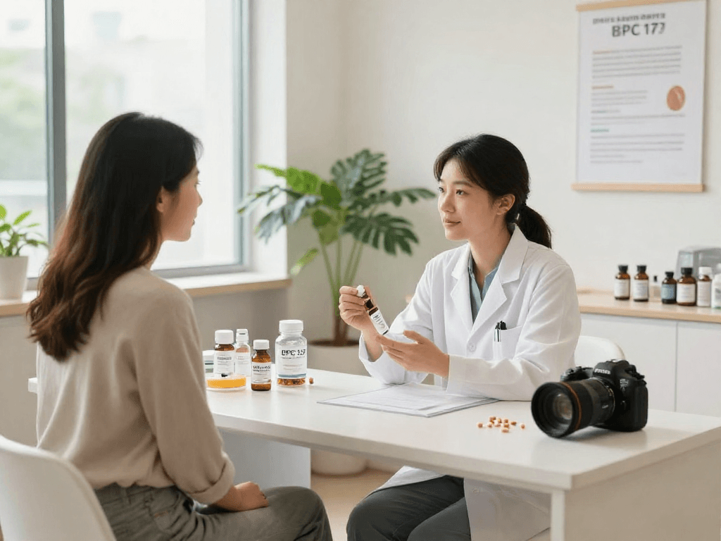 BPC 157 side effects explained in a modern wellness clinic during a consultation session