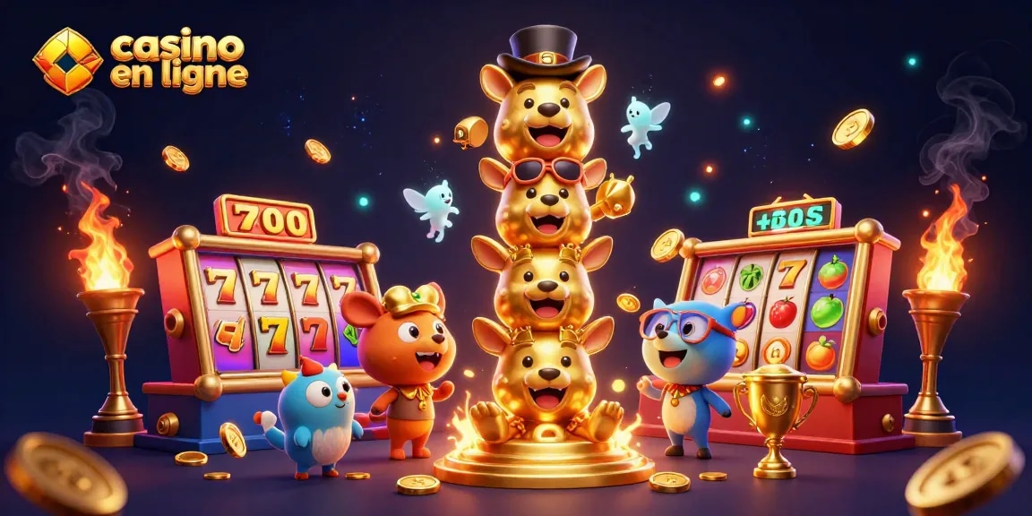 Jouer à casino en ligne avec un totem doré animé et des rouleaux de machines à sous colorés.