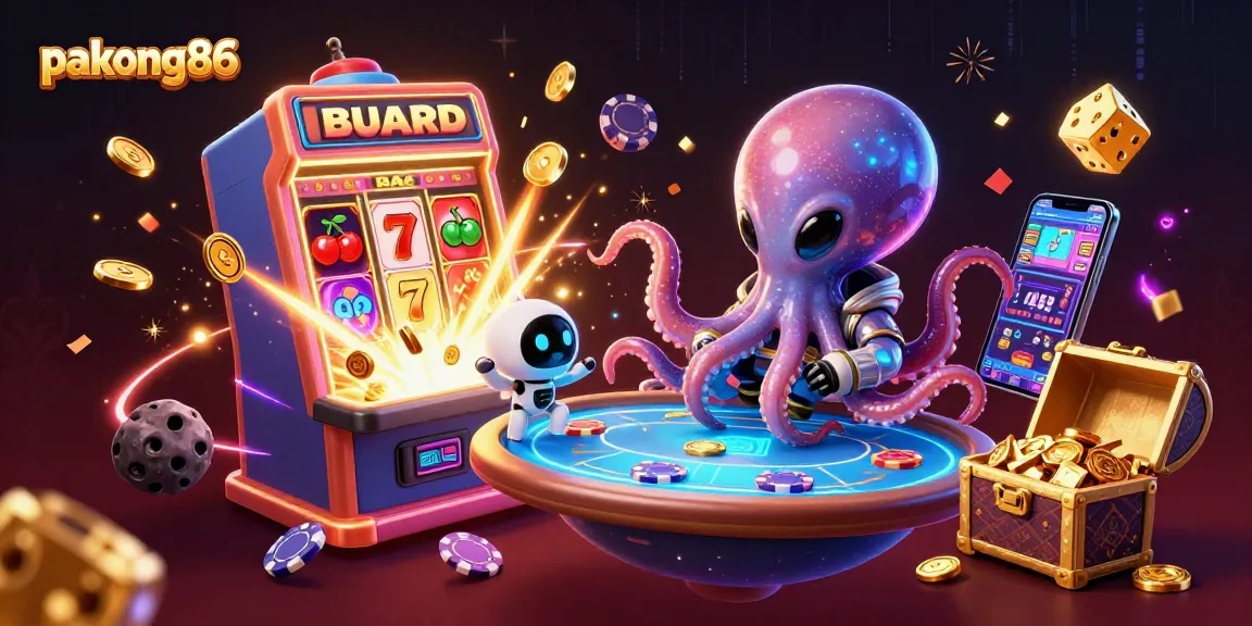 Experience thrilling gameplay with pakong86's vibrant alien casino scene, featuring unique holographic poker.
