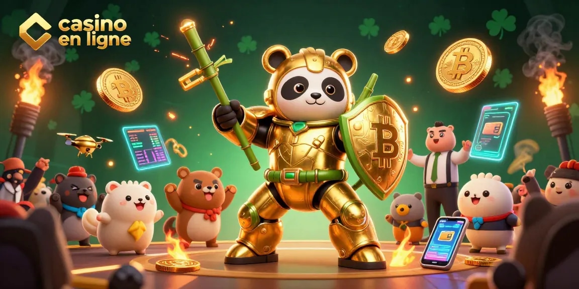 Dans ce casino en ligne, le panda doré combat avec un robot en bambou au milieu de spectateurs animaliers.