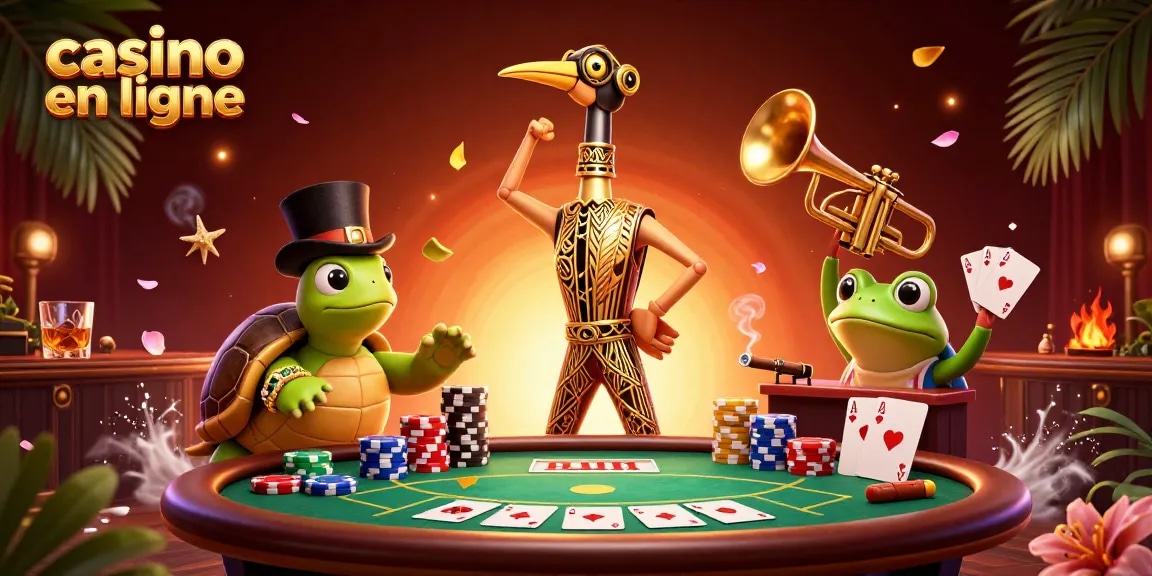 Aperçu d'un casino en ligne avec une illustration 3D d'une grue art déco aux plumes dorées, une tortue et une grenouille, accompagnés d'éléments de poker.