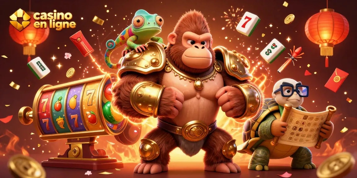 Vivez l'excitation du casino en ligne avec le roi gorille, le caméléon et les symboles de jeu lumineux.