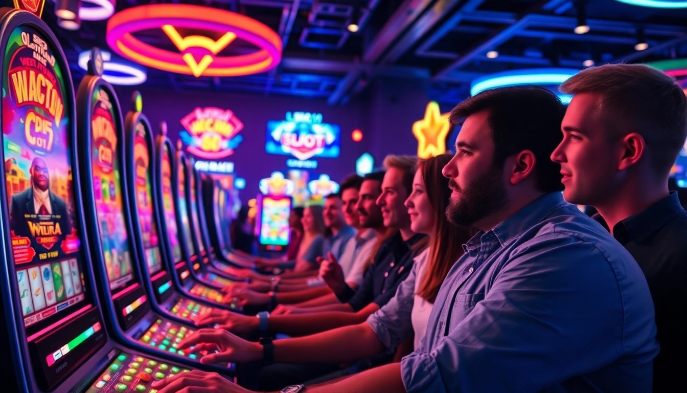 Menangkan slot777 di mesin slot yang menyala dengan pemain fokus dan suasana berdetak.