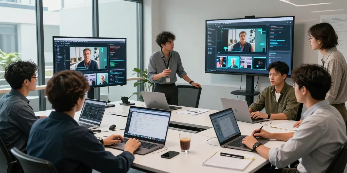 Team collaborating to detect AI images using advanced moderation tools in a modern workspace.