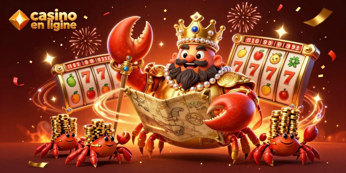 Jouez dans un casino en ligne avec le crabe empereur et des machines à sous dorées.
