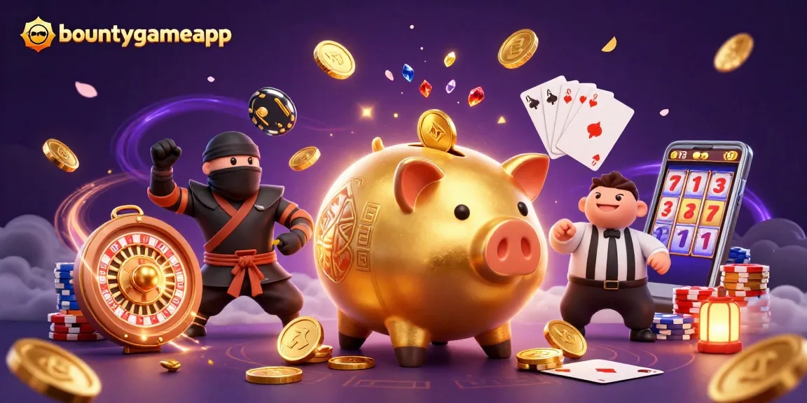 Bermain slot dan menang dengan bountygameapp di tengah tumpukan koin dan slot mesin yang berkilauan.