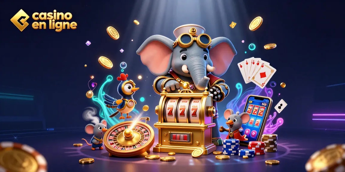 Déclenchez du plaisir au casino en ligne avec un ingénieur éléphant et des pièces d'or scintillantes.