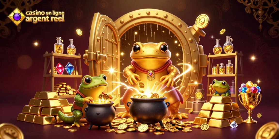 Illustration d'un casino en ligne argent réel où un alchimiste transforme des métaux en pièces d'or, avec des éléments de jeux d'argent.