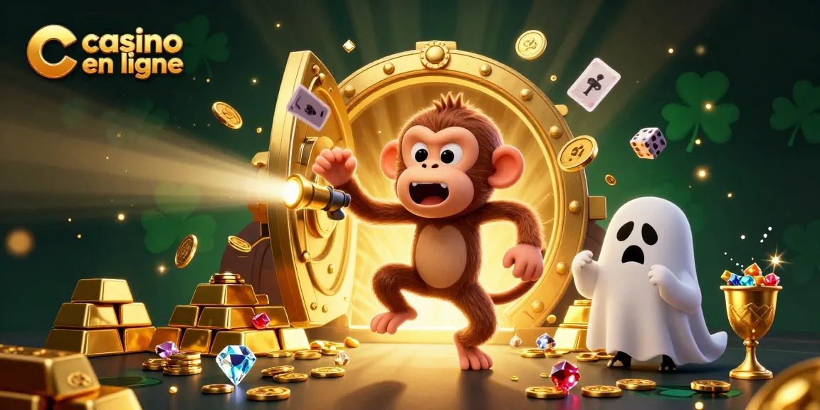 Illustration représentant un casino en ligne hanté, avec un singe poltergeist et un chiot chasseur de fantômes, entourés de trésors scintillants.
