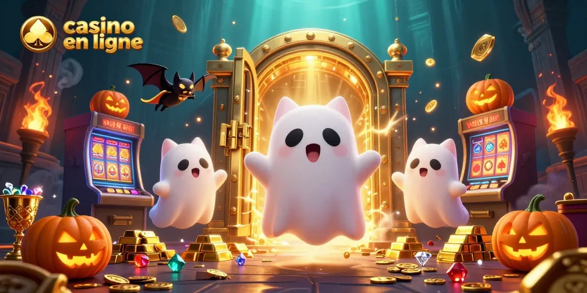 Jeu passionnant sur casino en ligne avec un chat fantôme flottant et des éléments riches en or.