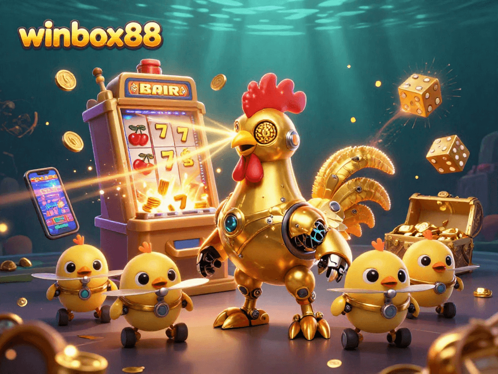 Experience exhilarating gaming action with winbox88's vibrant 3D casino scene bursting with color and excitement.