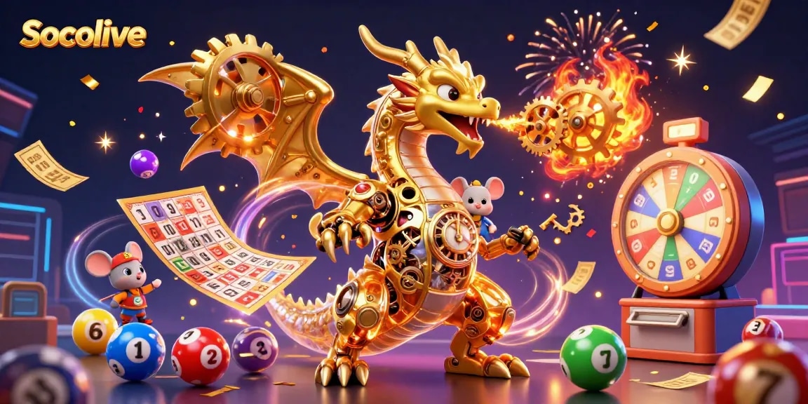 Socolive captures a dynamic illustration of a golden dragon and vibrant gambling elements, celebrating a gaming experience.