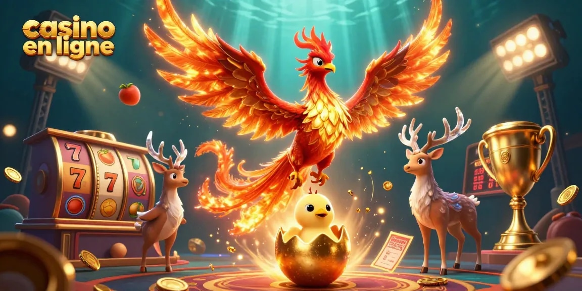Découvrez l'illustration dynamique "casino en ligne" avec un phoenix et des éléments de jeu captivants.