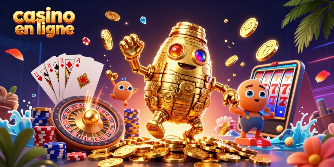Illustration dynamique de casino en ligne avec un golem doré entouré de pièces et de jeux de cartes.