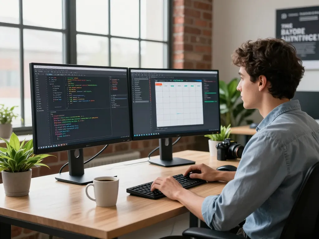 Developer utilizing clawbot AI assistant in a modern workspace with dual monitors.