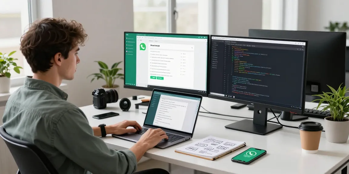 Person using WhatsApp網頁版 in a modern office with dual monitors and vibrant workspace.