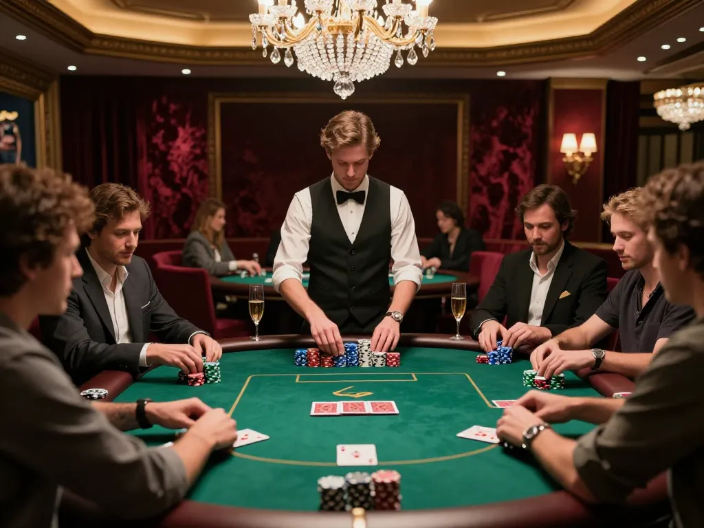 Vipwin poker game in a luxurious high-roller room with engaged players and elegant decor.