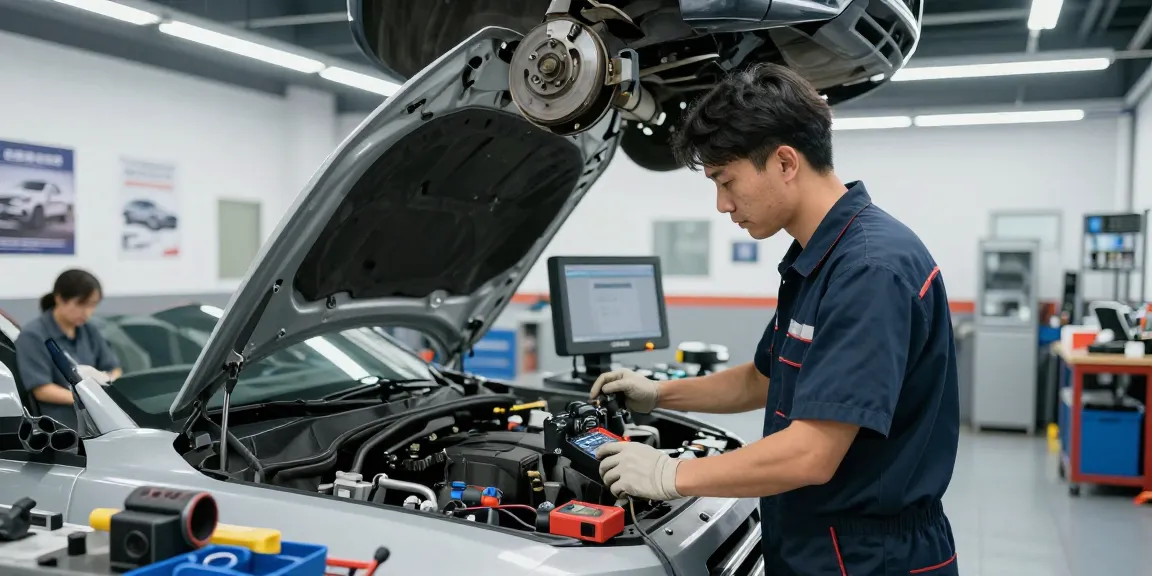 Professional car inspection process in a bright automotive workshop with a mechanic evaluating engine performance and safety.