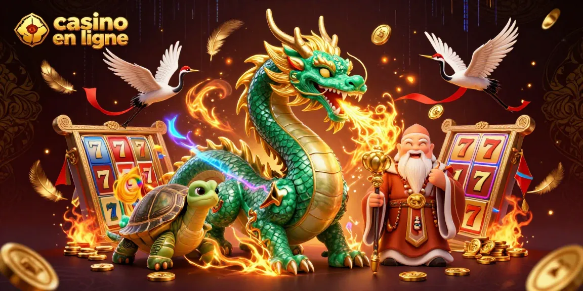 Illustration dynamique sur casino en ligne avec dragon, sage et grues, symboles de chance.