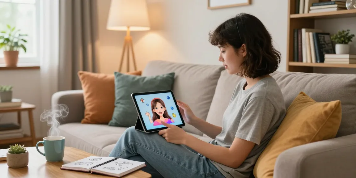 Engaging with an AI girlfriend on a tablet in a cozy living room, showcasing modern technology in a warm setting.
