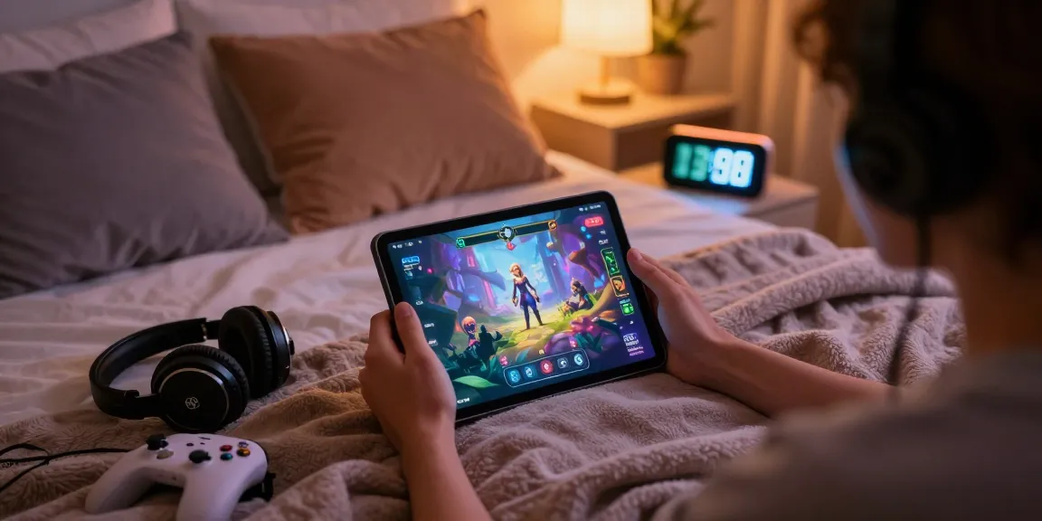 Engaging in a porngame on a tablet in a cozy bedroom with LED lights.