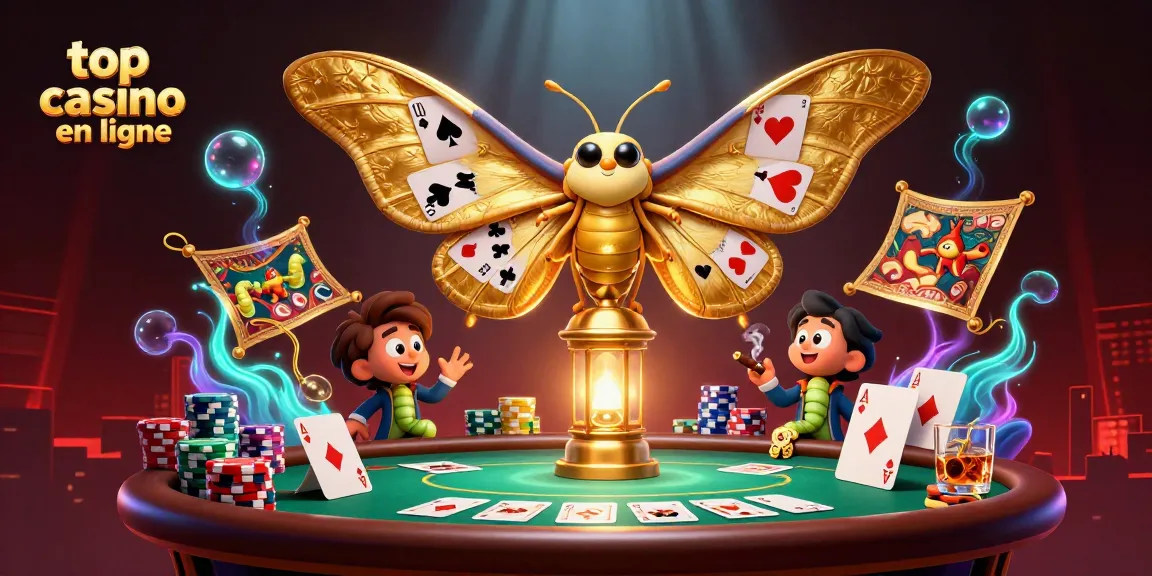 Explorez le top casino en ligne avec un atlas de papillon et des éléments de poker fascinants.