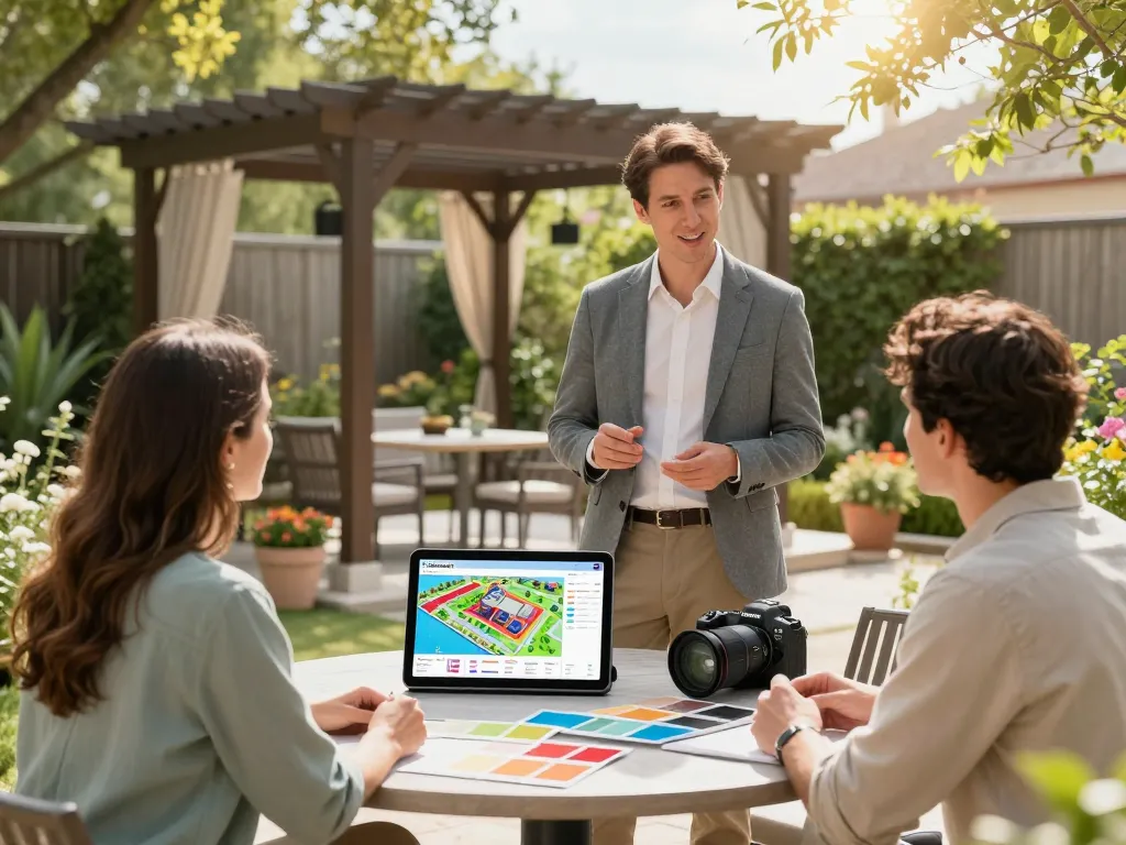 Pergola Sales Software demo with a sales professional guiding customers through a 3D configurator in a lush outdoor setting.