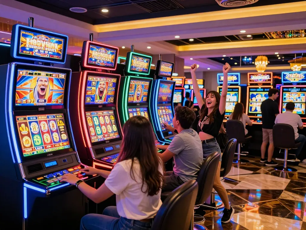 Players celebrate while engaging with exciting link slot machines at a vibrant casino.