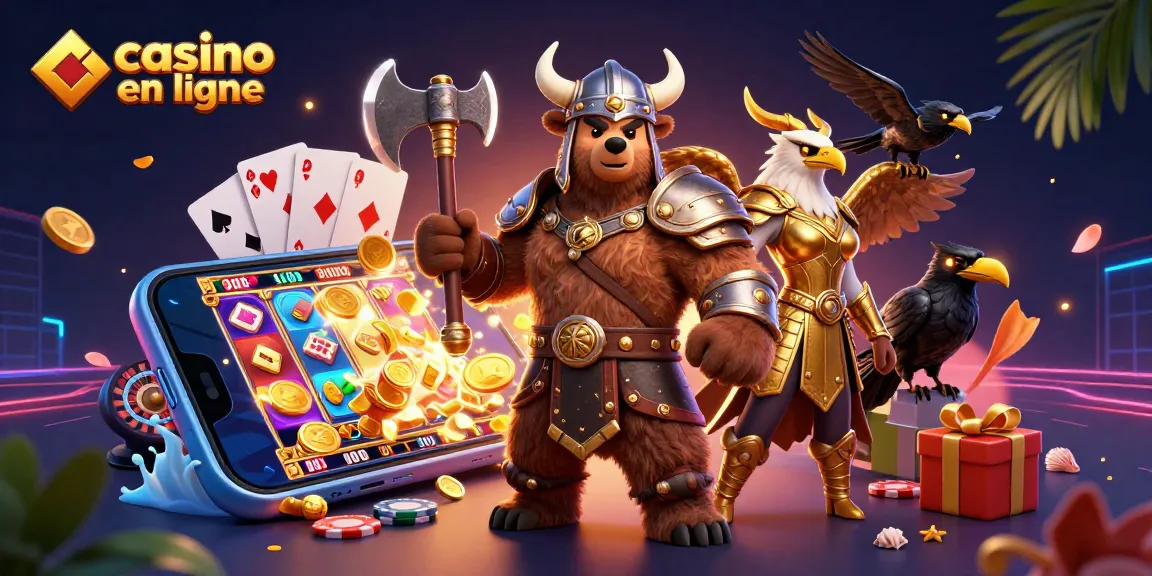 Jouez au casino en ligne avec une scène dynamique de personnages de jeu et des éléments de jeux éparpillés.