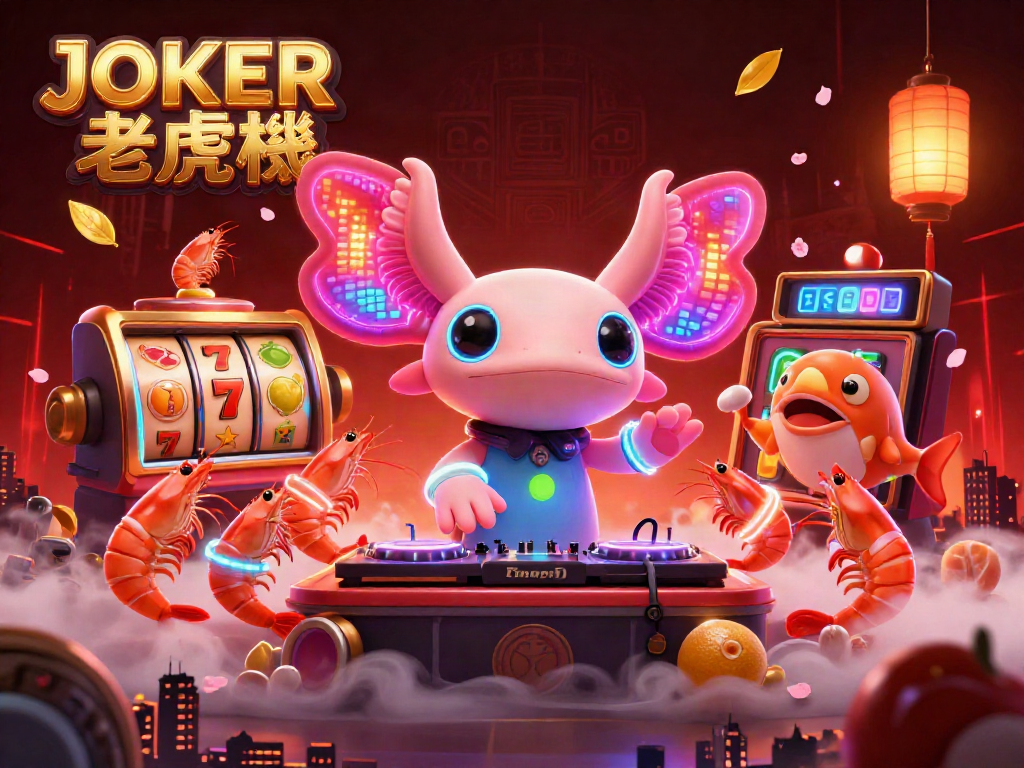 Engage with thrilling JOKER老虎機 animated scene featuring neon axolotl DJ and lively casino elements.