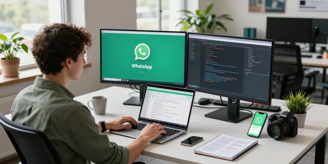 WhatsApp下載 interface displayed on dual monitors in a modern tech workspace with colorful notes and design specs.