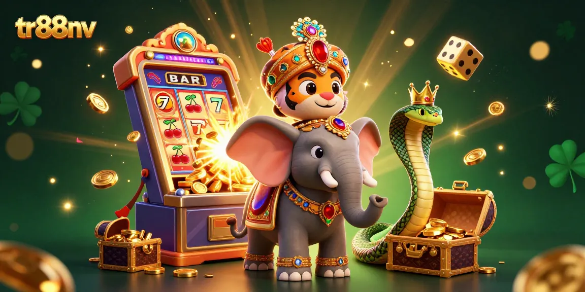 Experience the thrill of slots with tr88nv's casino-themed illustration featuring vibrant characters and elements.
