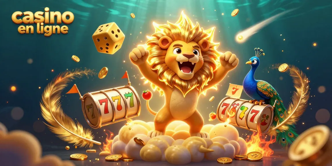 Illustration captivante représentant le lion solaire et des dés dorés, mettant en avant le casino en ligne et l'excitation des jeux.