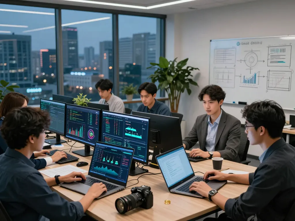 Team collaborating on IODeFi cloud mining strategies in a modern office setting.