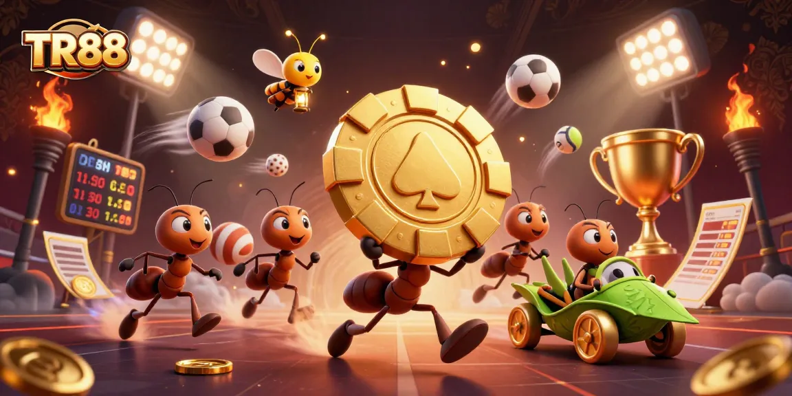 Engage in thrilling action with TR88 as ants carry a giant poker chip in a bustling casino heist scene.