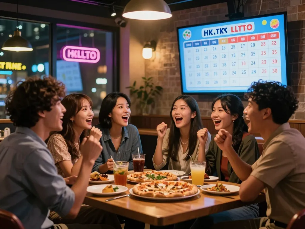 Friends excitedly watching HK Lotto live draw in a cozy lounge with vibrant city lights.