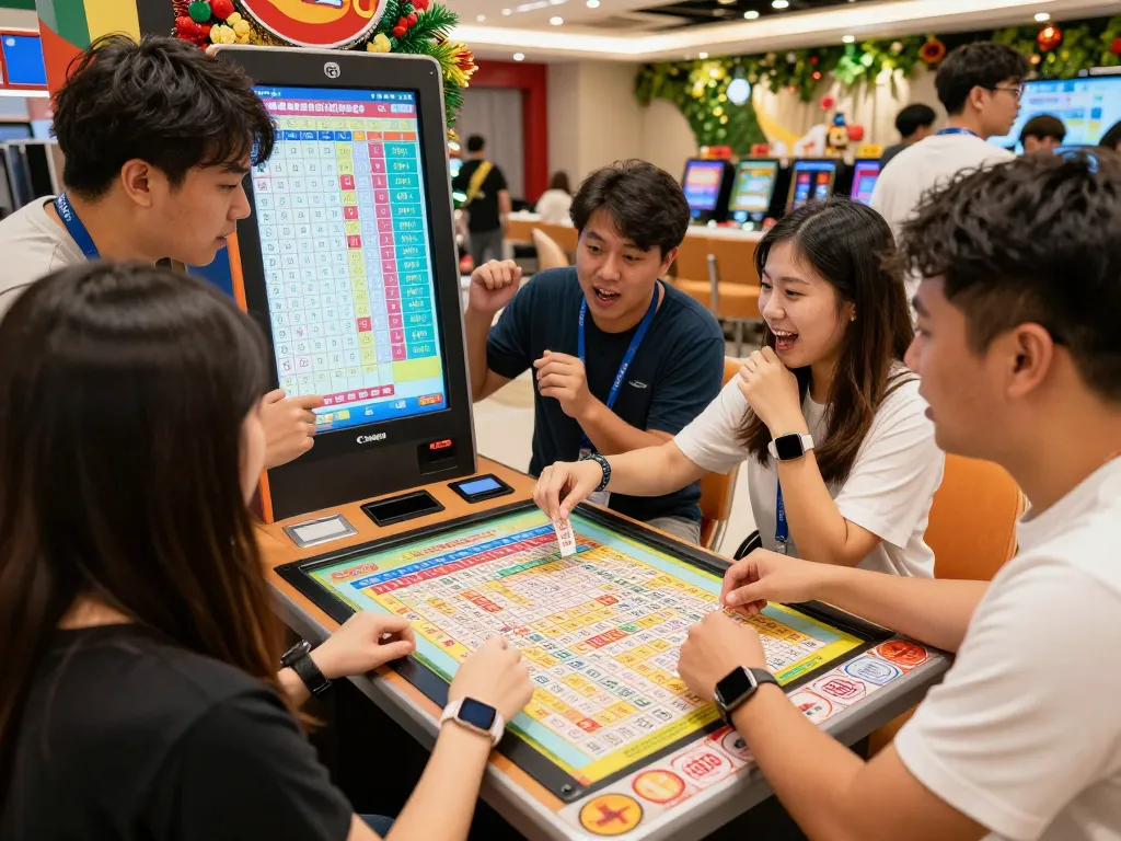HK Lotto players celebrating while checking tickets in a vibrant gaming lounge.