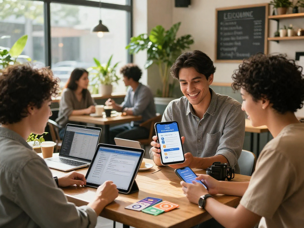 Team using loyalty software in a vibrant café environment to enhance customer engagement, discussing rewards and analytics.
