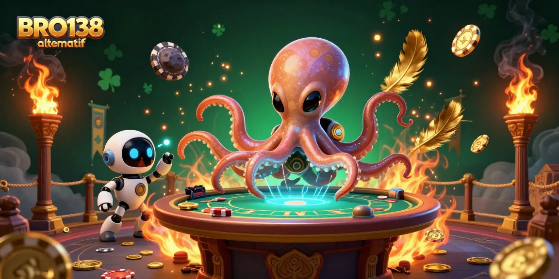 Engage with BRO138 alternatif using a dynamic scene of a casino-themed alien octopus operating a holographic poker table.