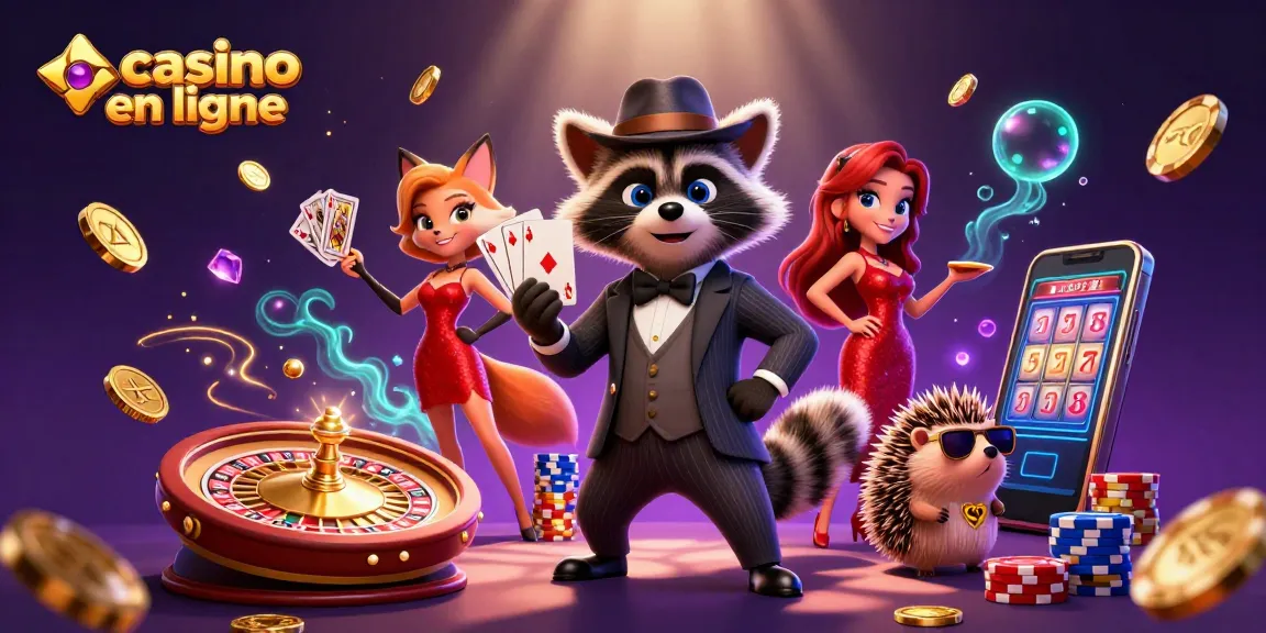 Gagnez avec le casino en ligne, une scène dynamique de personnages amusants entourés de pièces et de cartes.