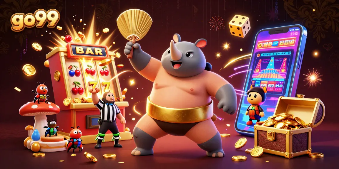 Experience the thrill of go99 with a dynamic scene featuring a sumo beetle champion and exciting casino elements.